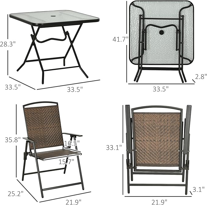 Outsunny 5 Pieces Wicker Patio Dining Set, Foldable Outdoor Table and Chairs