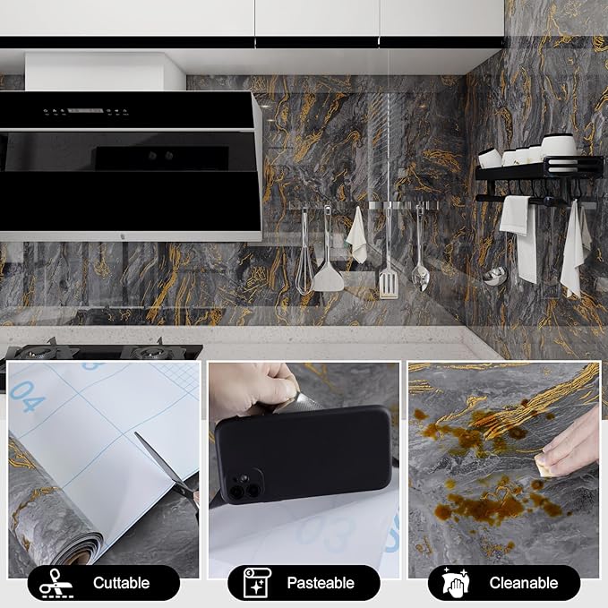 Grey Gold Marble Contact Paper for Countertops A Set of 23.6" X 472"Glossy Peel