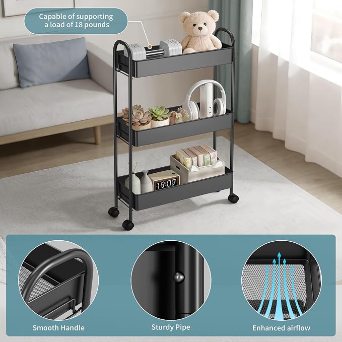 Slim Rolling Cart, Metal Frame Utility Rolling 3-Tier Narrow Storage Cart with Handle Kitchen Storage Organizer, Mobile Shelving Unit for Bathroom Kitchen