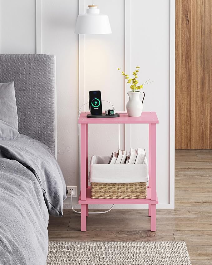 TUTOTAK End Table with Charging Station, Small Side Table with Outlets