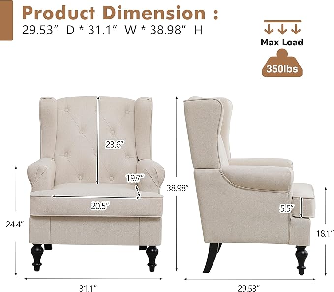 Accent Chair Set of 2, Mid Century Modern Fabric Wingback Chair, Upholstered