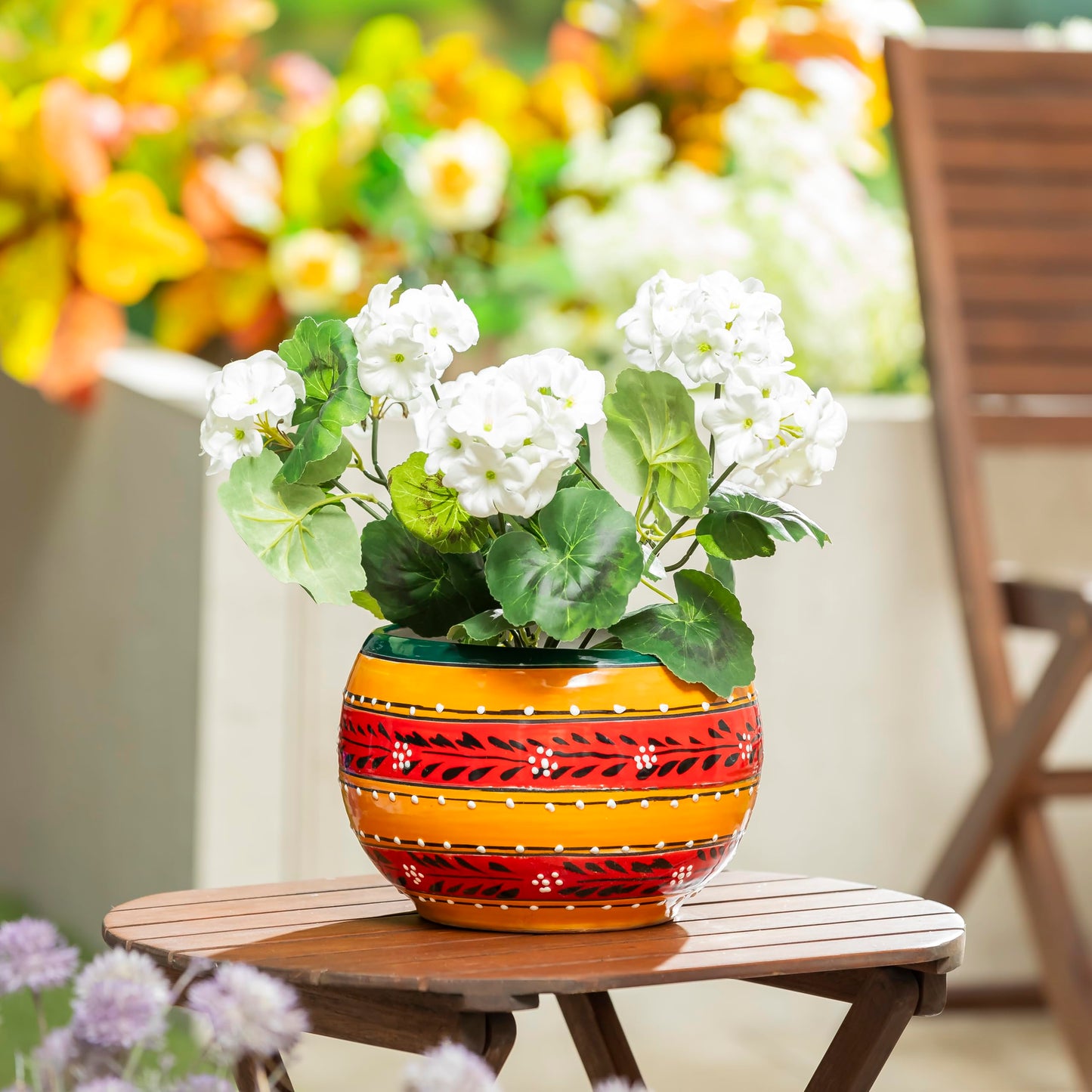 Evergreen Garden Talavera Mexican Pottery Ceramic 9 in. Stripped Orange Baul | Flower Pot Plant Succulent | Indoor Outdoor