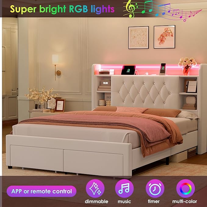 Full Bed Frame with Drawers, Hidden-Cubby & Shelves Storage Headboard with
