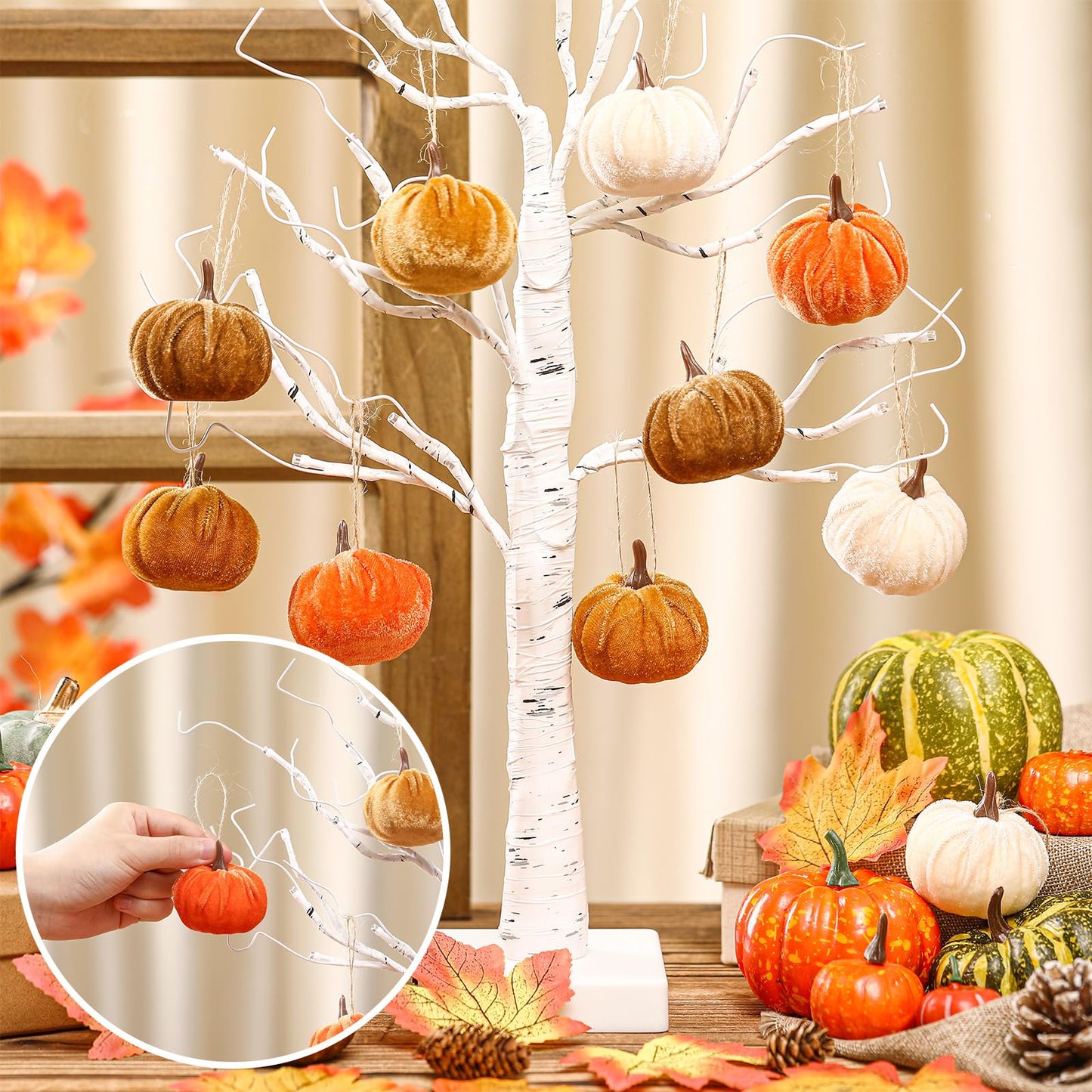 Vercraft 12 Pcs Thanksgiving Pumpkin Hanging Ornament 2 Inches Velvet Thanksgiving Fall Tree Decorations Fabric Small Tree Decorations for Farmhouse Harvest Autumn Home Party Decor(Neutral)