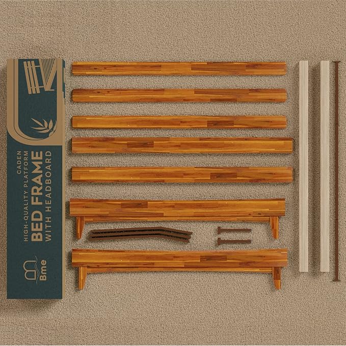 Bme Caden King Size Bed Frame and Adjustable Headboard, 15 Inch Mid Century