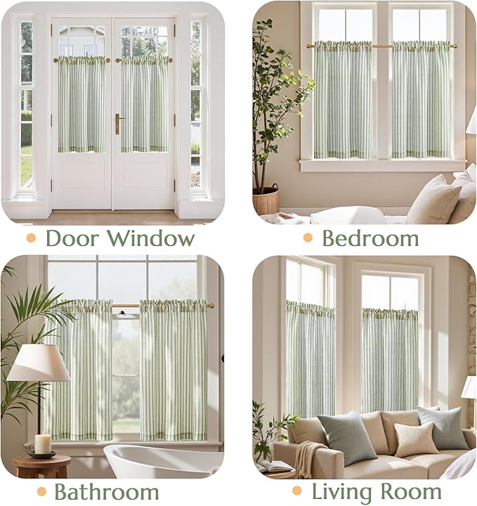 jinchan Linen Kitchen Curtains 36 Inch Length Striped Tier Curtains Ticking Stripe Small Drapes for Living Room Bathroom Cafe Small Window Farmhouse Rustic Pinstripe Rod Pocket 2 Panels Sage Green