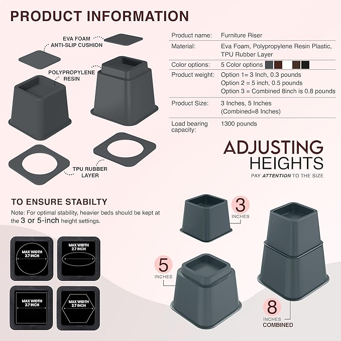 Utopia Bedding Bed Riser, 3 & 5 Inches Adjustable Furniture Risers