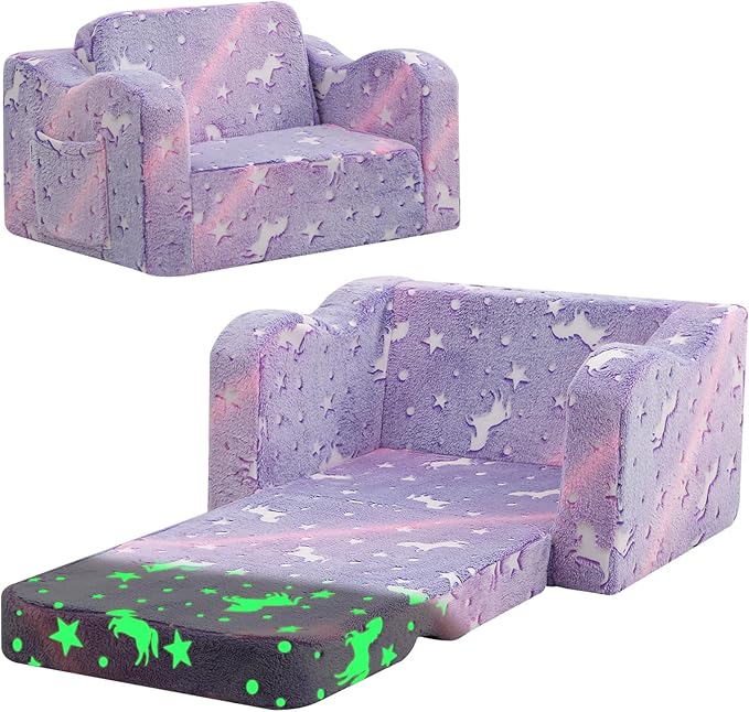 MeMoreCool Glowing Lavender Unicorn Kids Chair, 2-in-1 Convertible Kids Couch