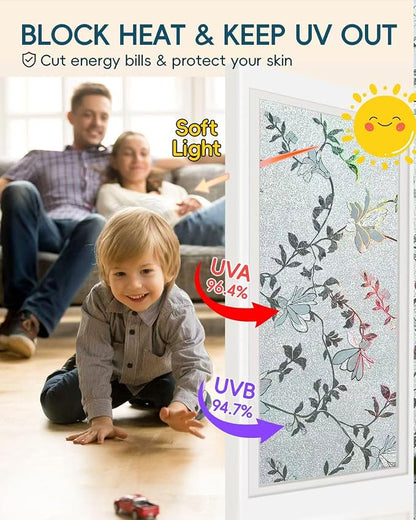 Frosted Glass Window Film with Elegant Flower Design, Bathroom Window Privacy Film for Glass Windows Cover, Static Cling, Removable, Reusable, Anti-UV, Anti-Glare, 29.5 Inch * 78.74 Inch