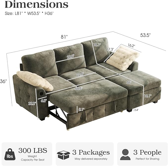 Ihanherry Modular Convertible Sectional Sofa Bed, Reversible Chaise & Storage