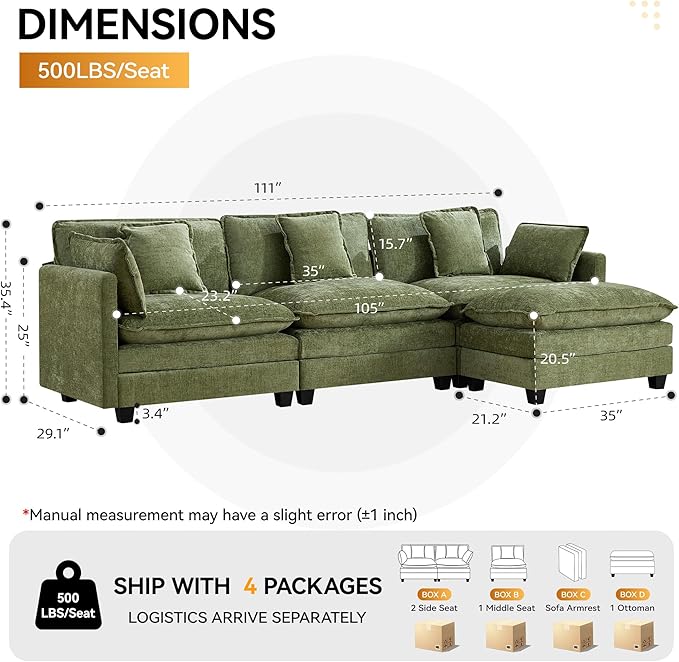 111'' Cloud Deep Seat Sectional Couch, Modern Comfy Chenille L Shaped Sectional