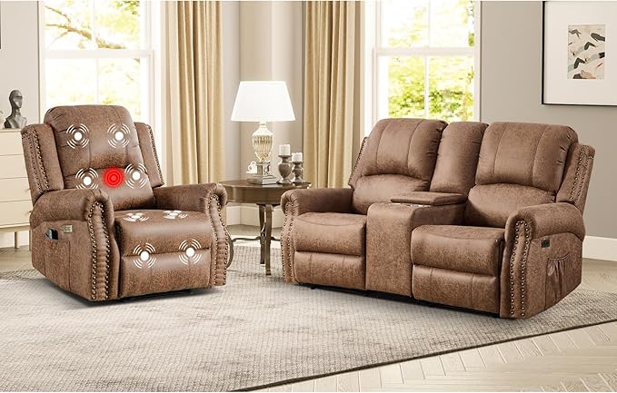 EBELLO 2-Piece Manual Recliner Sofa Set, Faux Leather Message Single Recliner