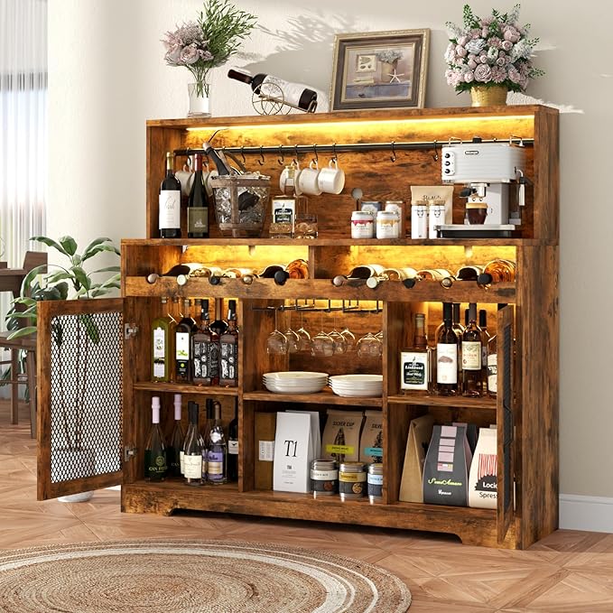 Loomie Wine Bar Cabinet with LED Light, Liquor Cabinet with Glass Holder