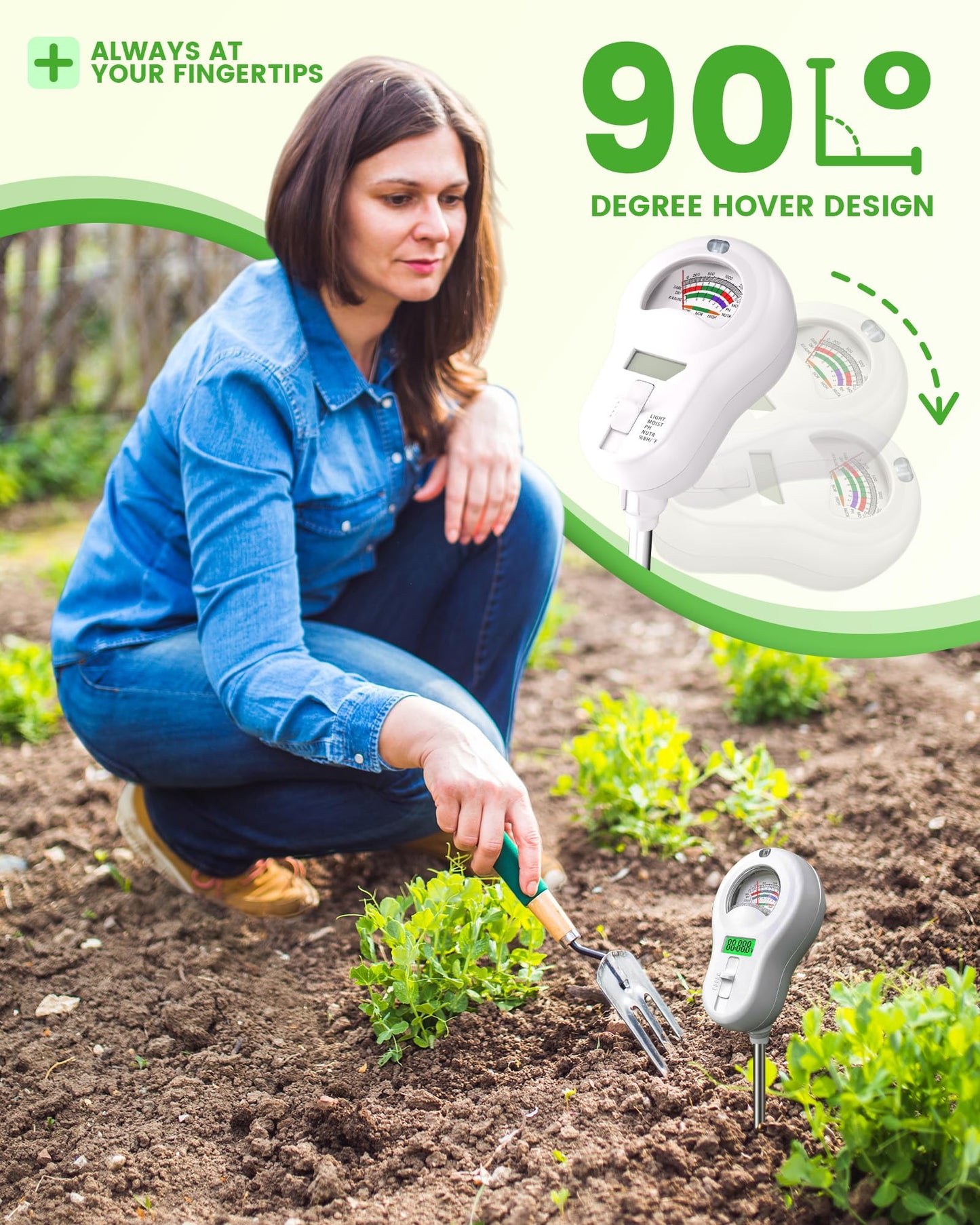 Vlantro 6-in-1 Soil Moisture Meter with 3 Probes, PH/Sunlight/Soil Moisture/Fertility with 3 Removable Probe, Digital Air Temp/Humidity, Soil Tester for Garden, Lawn, Indoor and Outdoor Plants