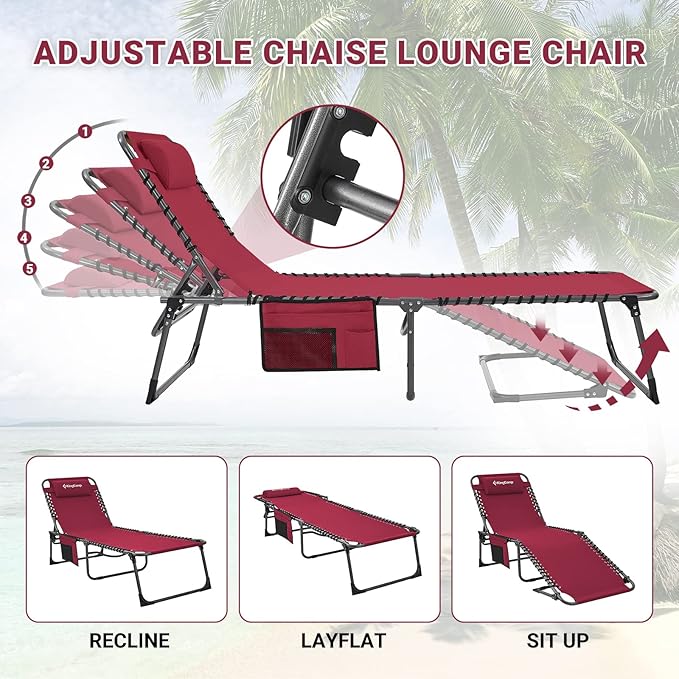 KingCamp Lounge Chair Outdoor, Folding Portable Tanning Chairs Comfy Adjustable