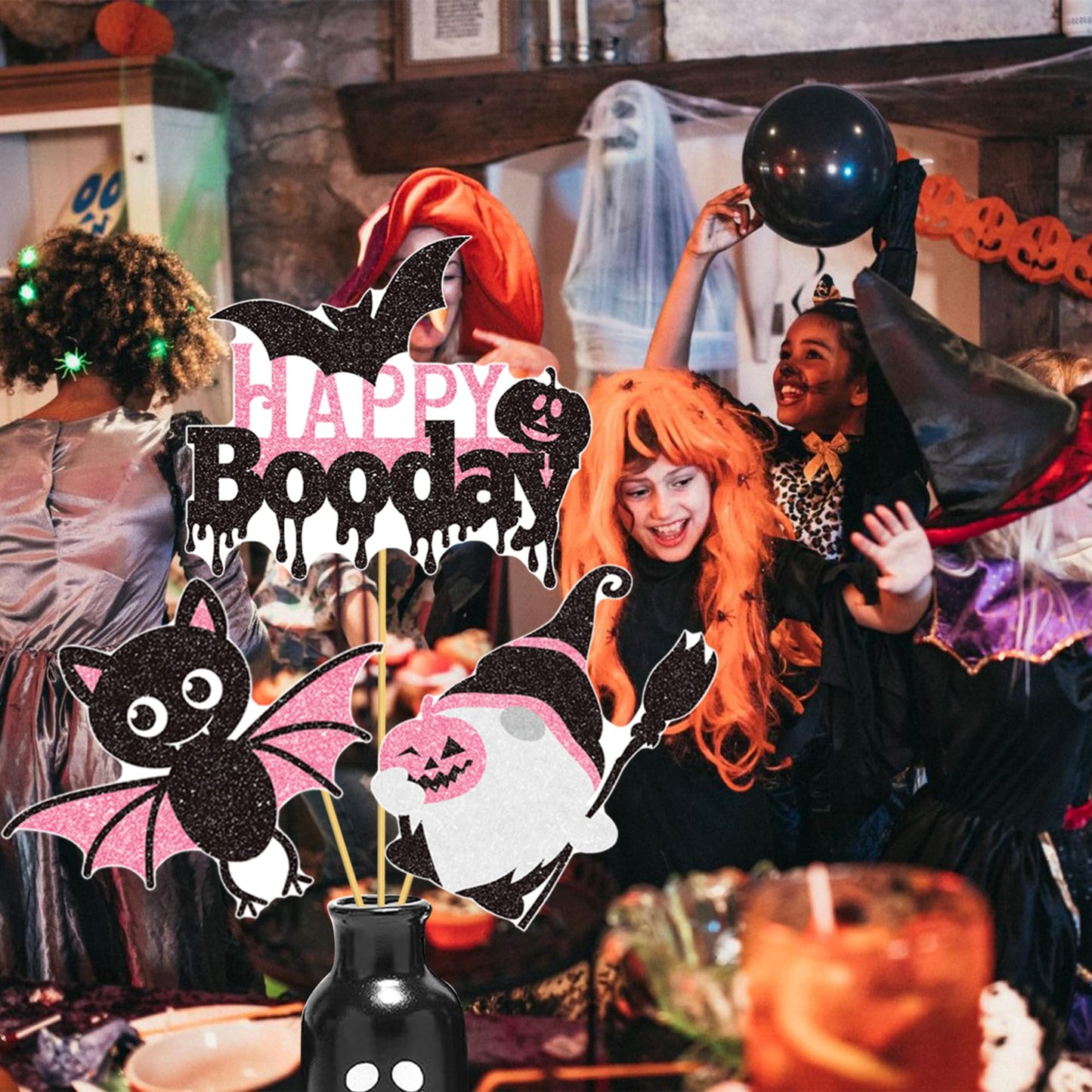 Halloween Happy Boo Day Party Decorations 24PCS Pink Black Pumpkin Ghost Centerpiece Sticks Happy Boo Day Table Toppers Halloween Birthday Party Supplies for Little Boo Baby Shower Decor