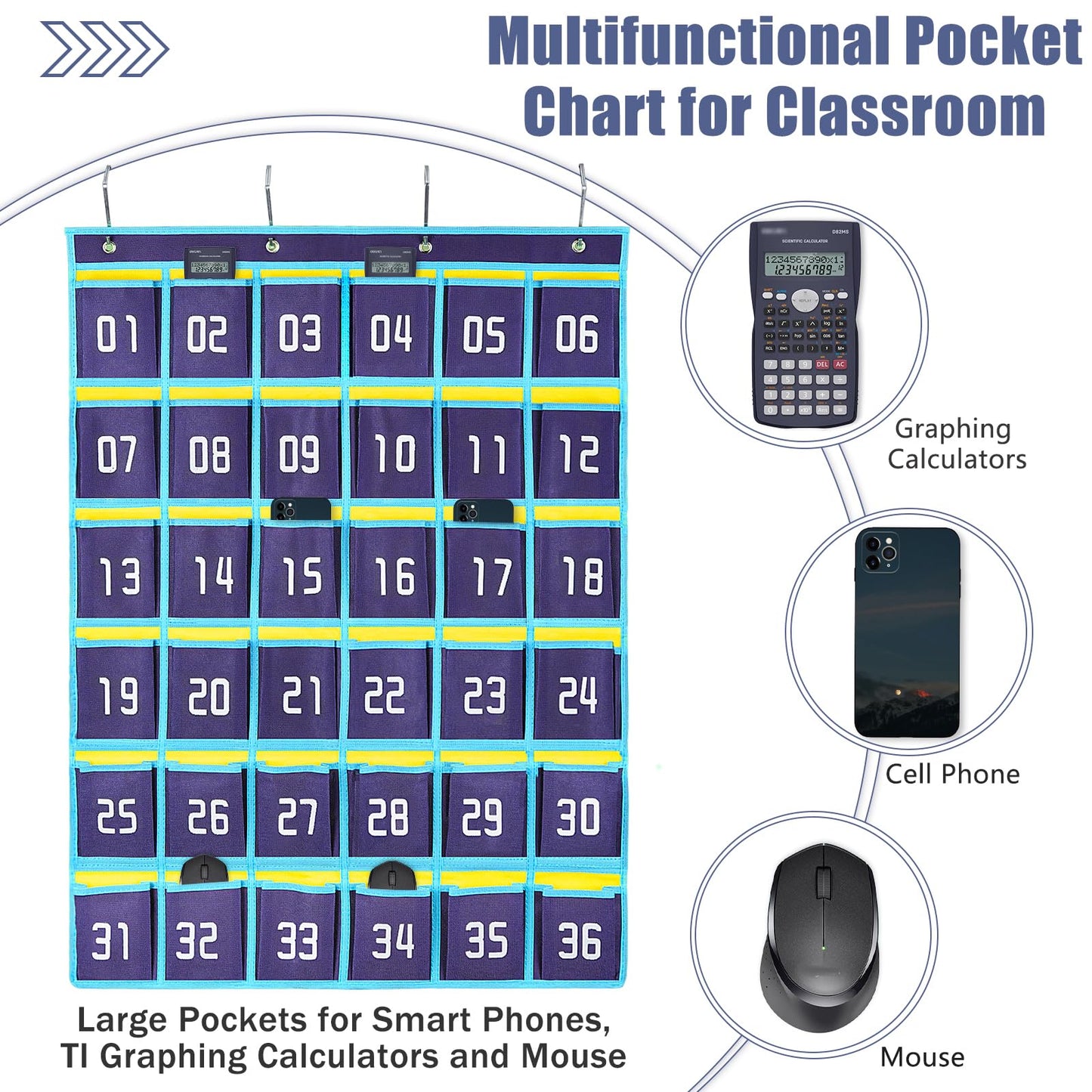 Loghot Classroom Accessories Closet Pocket Chart for Cell Phones Holder Wall Door Hanging Organizer (36 Pockets Blue)