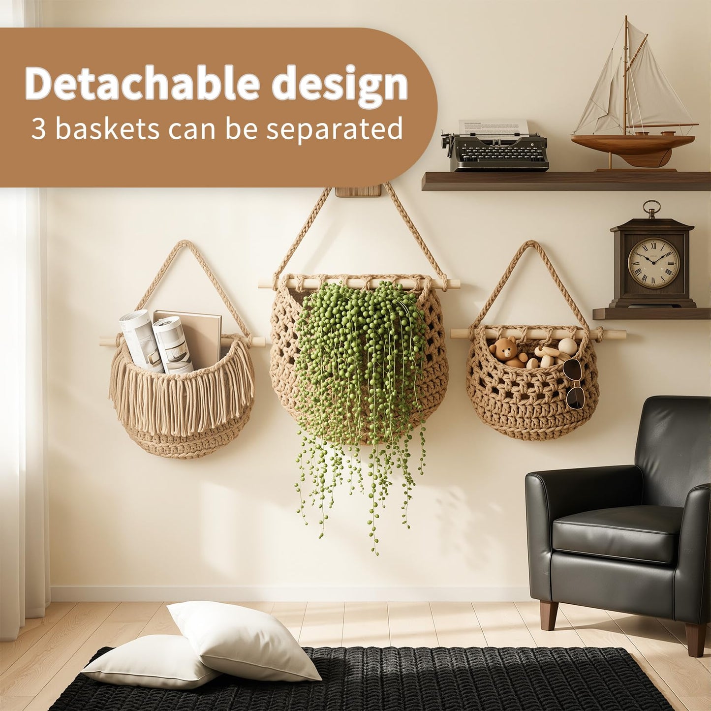SFSSCDF 3 Tier Hanging Fruit Basket for Kitchen, Macrame Produce Hammock for Potato and Onion Storage, Handwoven Cotton Rope Wall Hanging Vegetable Baskets, Boho Kitchen Decor & Space Saver