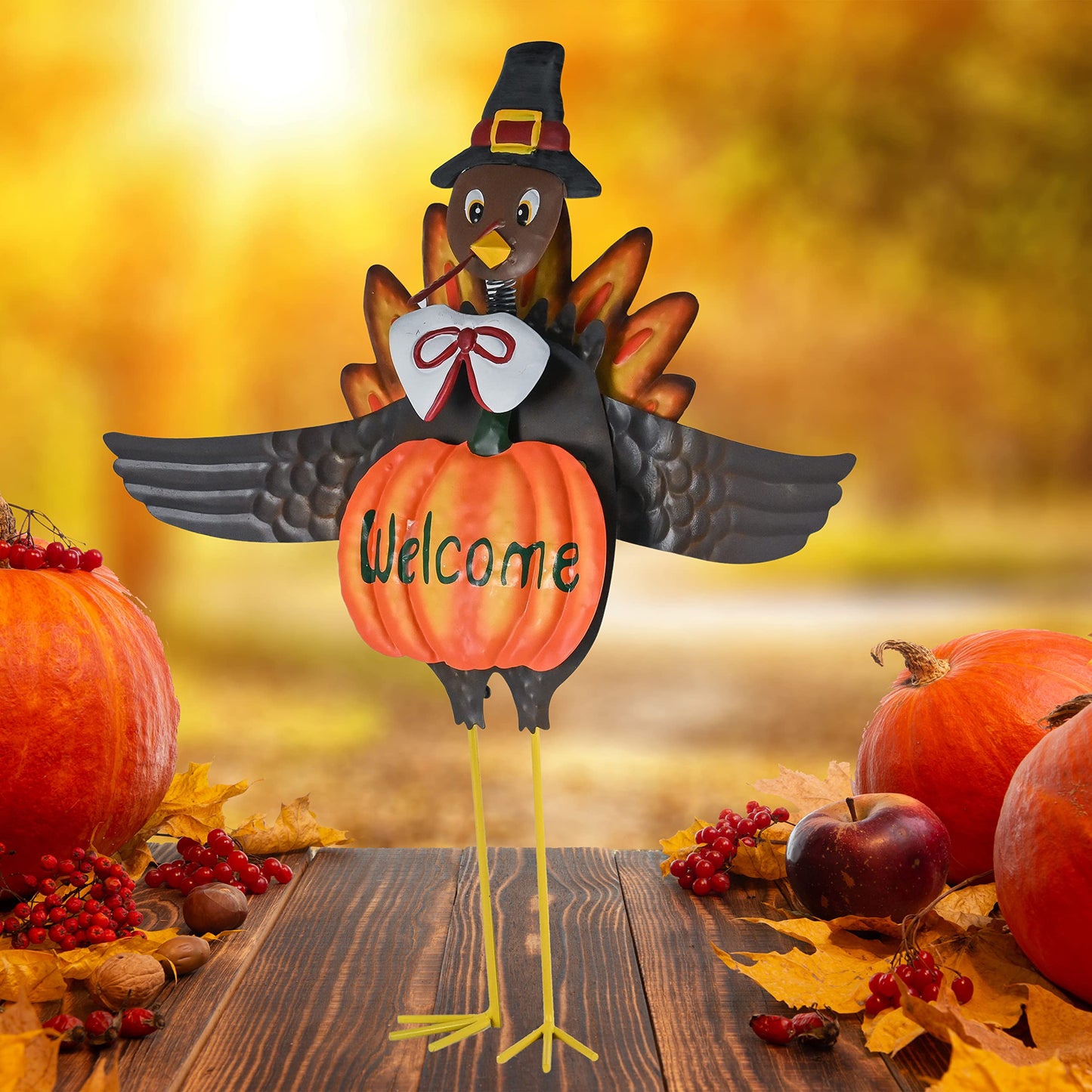 Ornativity Turkey Yard Stake Pumpkin Decoration - Metal Stand Outdoor Garden Front Yard Welcome Sign Thanksgiving Fall Autumn Yardstick Decor Lawn Ornament Kit - 1 Set