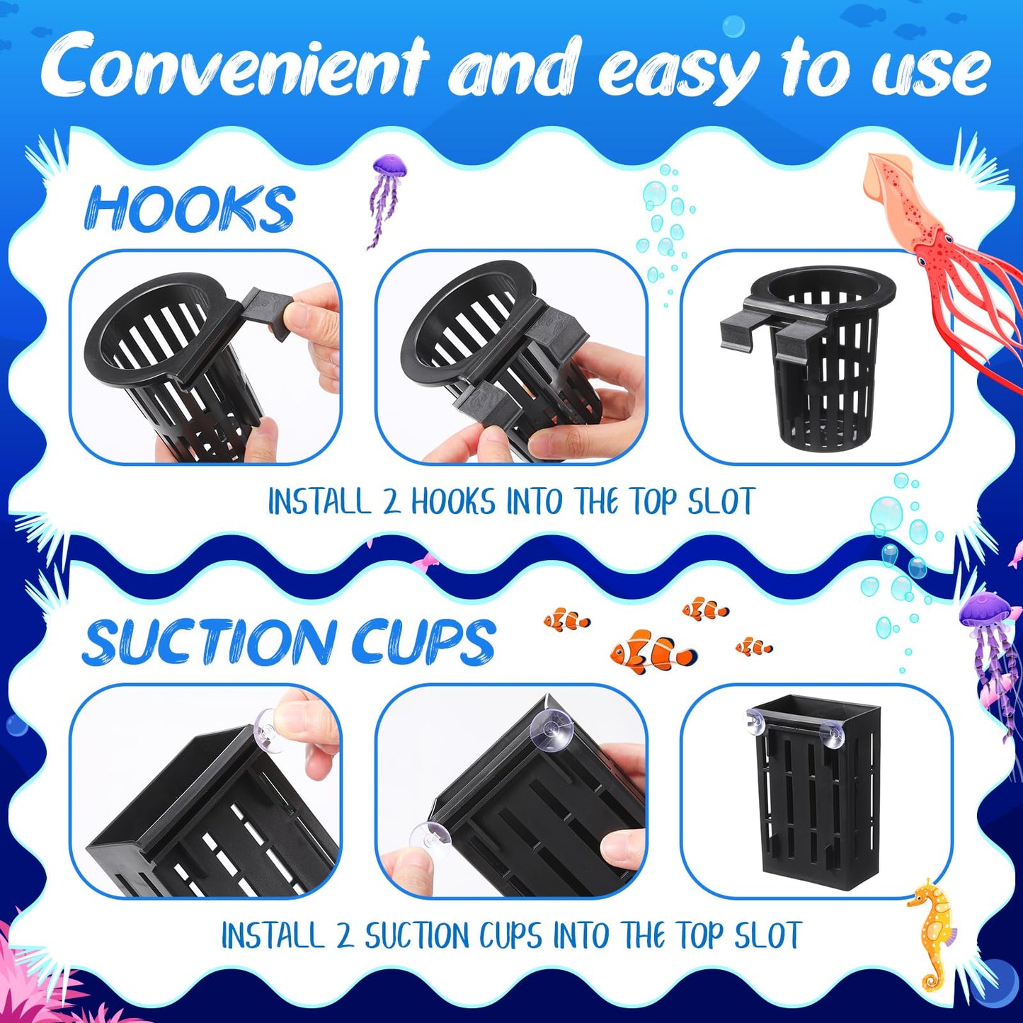 Chunful 6 Set Upgraded Large Aquarium Plant Holder Contain 6 Hanging Aquatic Pot with 36 Hooks and 12 Aquatic Planter Suction Cups for Fish Tank Aquarium Cultivation and Aquascape Decorations