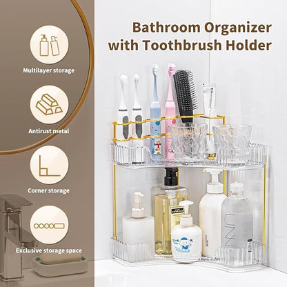 NATURE'S SOURCE Makeup Organizer for Vanity, 2-Tier Corner Bathroom Organizer Countertop with Makeup Brush Holder, Corner Counter Storage for Bathroom Dresser-Clear