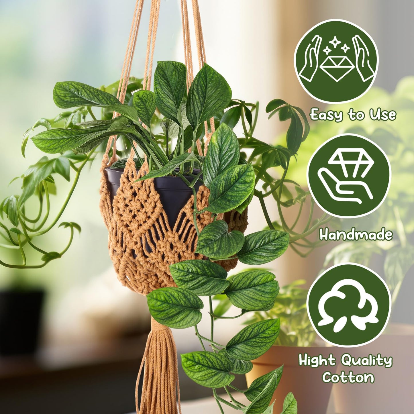 Wovnet 4 Packs Macrame Plant Hangers with Tassels Boho Crochet Hanging Plant Basketball for Indoor Outdoor Plant Hanger with 4 S Shaped Hooks for Home Decor Window Flower Pot(Brown)