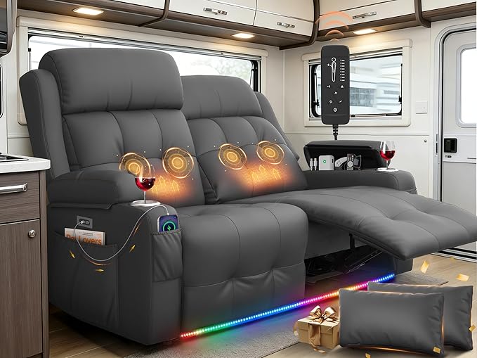 Power Loveseat Recliner with 2-Point Graphene Heat & Massage, Under-Seat
