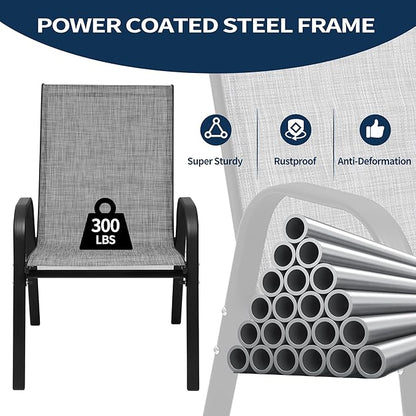 PIZZELLO Patio Chairs Set of 4, Outdoor Stackable Dining Chairs for All Weather, Lightweight Textilene Outdoor Chair Sets with Armrests, 330Lbs Capacity, for Backyard Porch Poolside Garden (Grey)