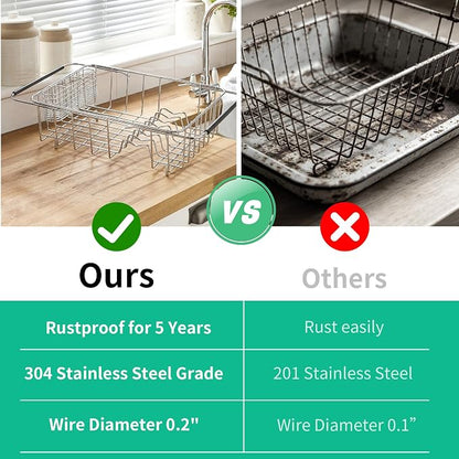 JAQ Over Sink Dish Drying Rack, Expandable 14.96"–22.44" Adjustable Dish Rack for Kitchen Sink, 304 Stainless Steel Dish Drainer with Utensil Holder, Space Saving for Most Standard Kitchen Sinks