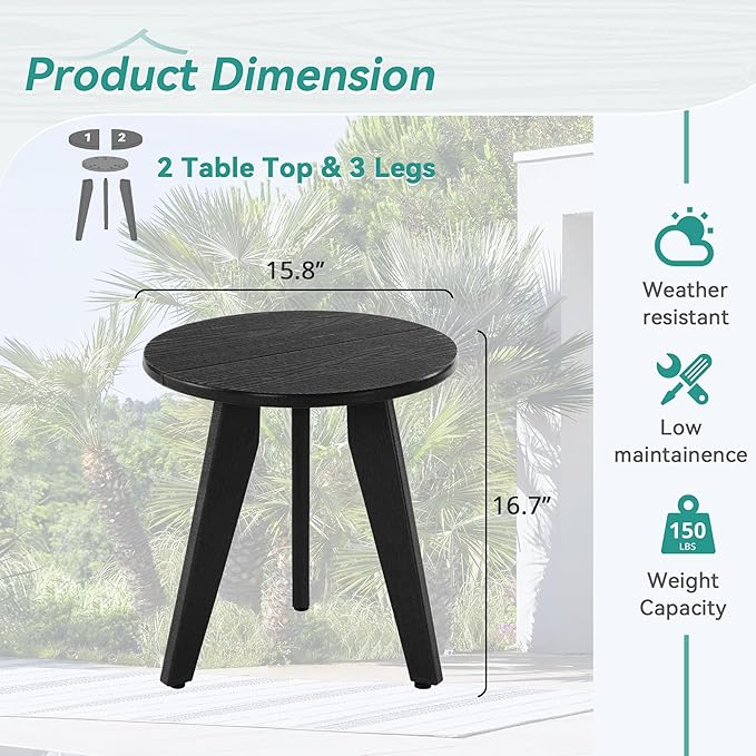 HDPS Outdoor Side Table, Small Round Side Table Weather-Resistant, Outdoor Side