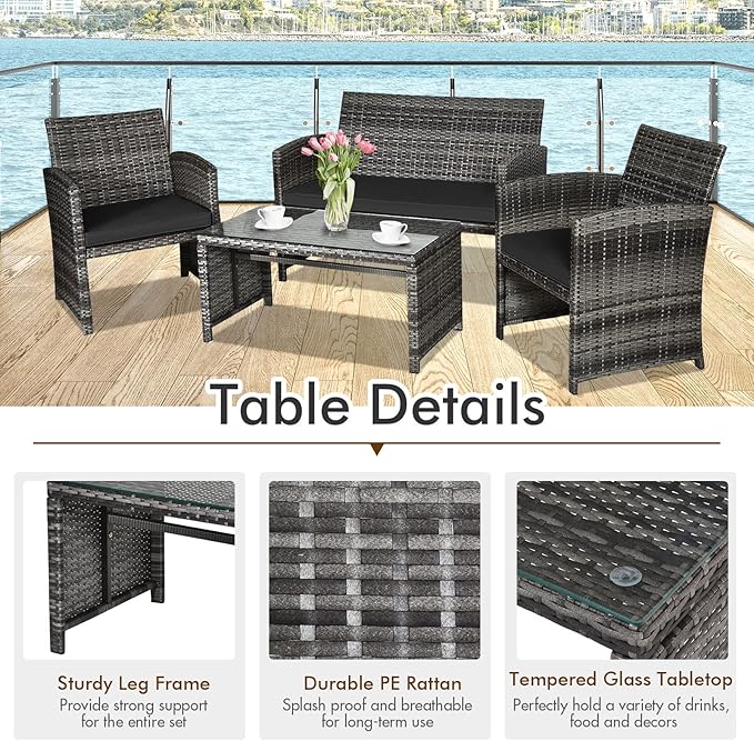 Goplus 4-Piece Rattan Patio Furniture Set, Outdoor Wicker Conversation Sofa