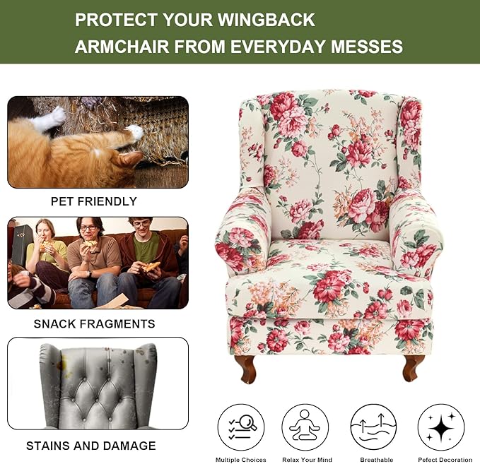 HAOYONG Wing Chair Slipcovers Stretch Wingback Chair Covers Printed 2 Pieces
