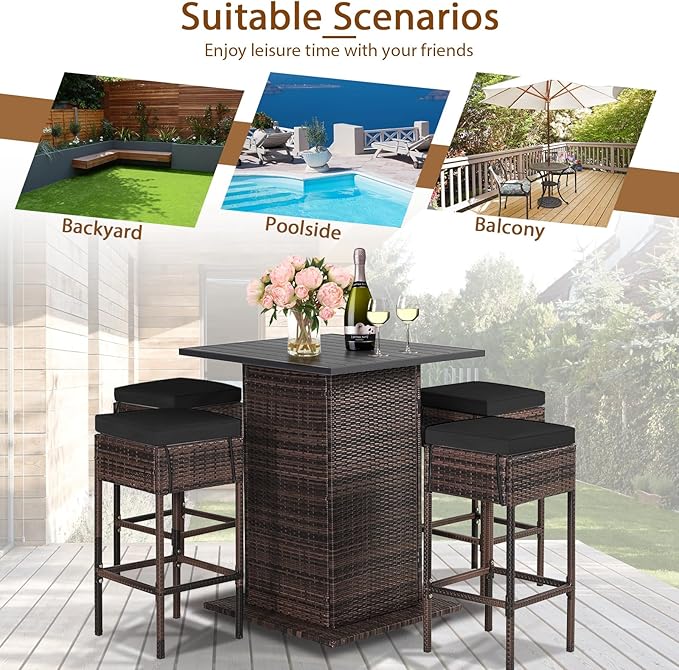 Tangkula 5 Piece Outdoor Rattan Bar Set, Patio Bar Furniture