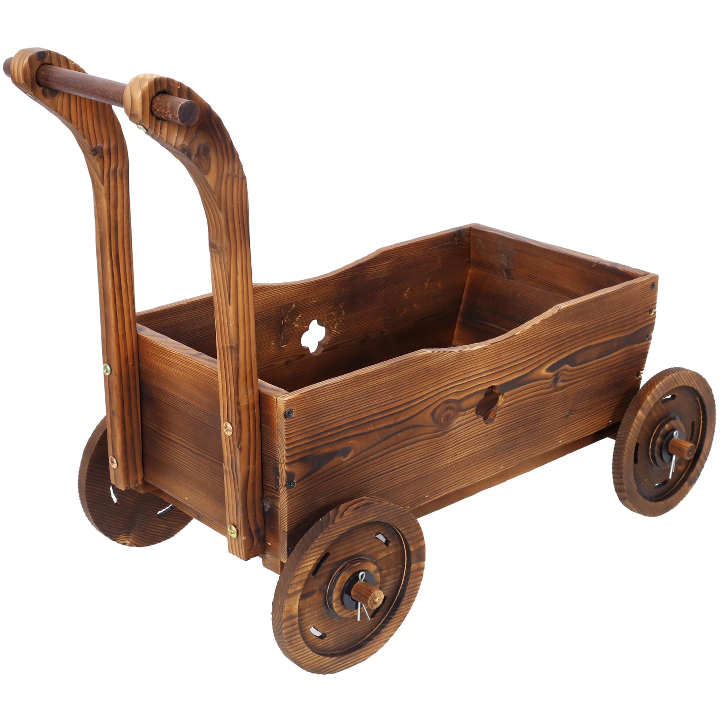 VRAXO Wooden Wagon Planter Box, Mobile Garden Planter with 4 Wheels, Handle, Drain Hole, Decorative Flower Planter for Indoor & Outdoor Decor, Wooden Flower Cart for Patio, Garden, Balcony, Brown