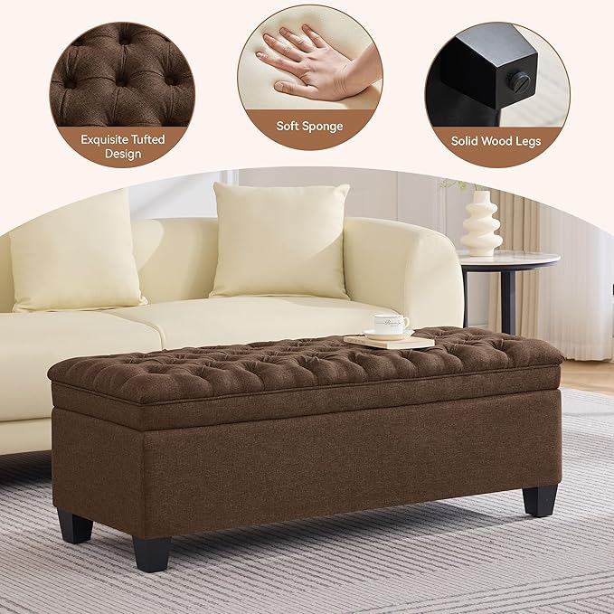 WUTUTUEE 50" Fabric Storage Ottoman Bench, Upholstered Rectangle End of Bed