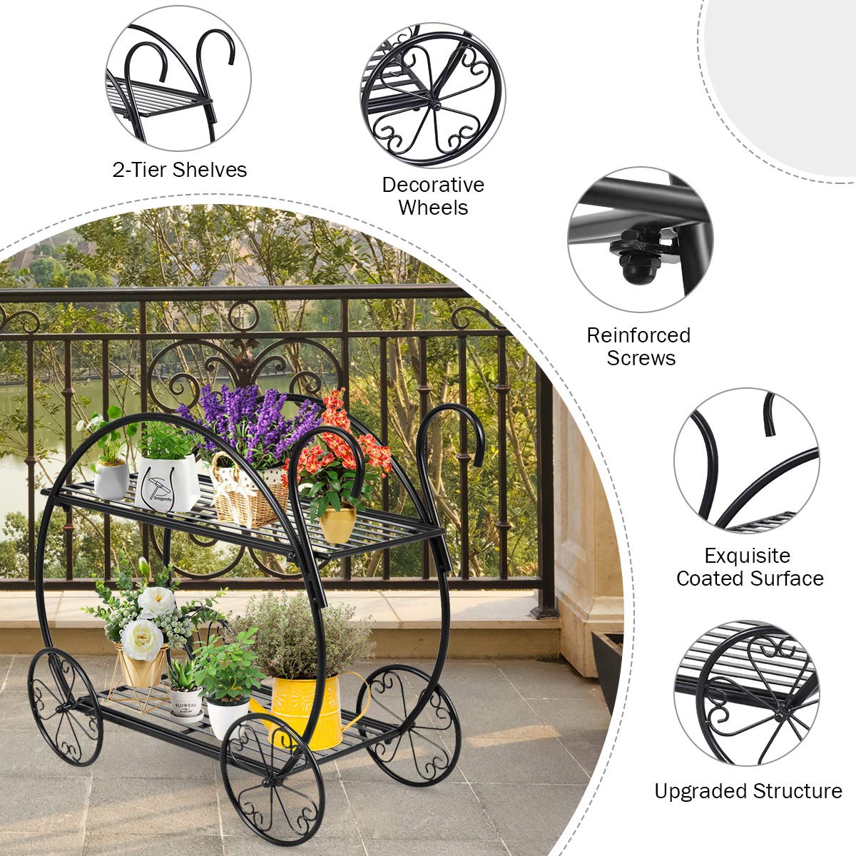 Giantex Garden Cart Metal Plant Stand with 4 Decorative Wheels, Succulent Collection Flower Pot Holder Display Shelf for Home Patio Garden Flower Shop, Parisian Style Plant Potted Rack (2-Tier)