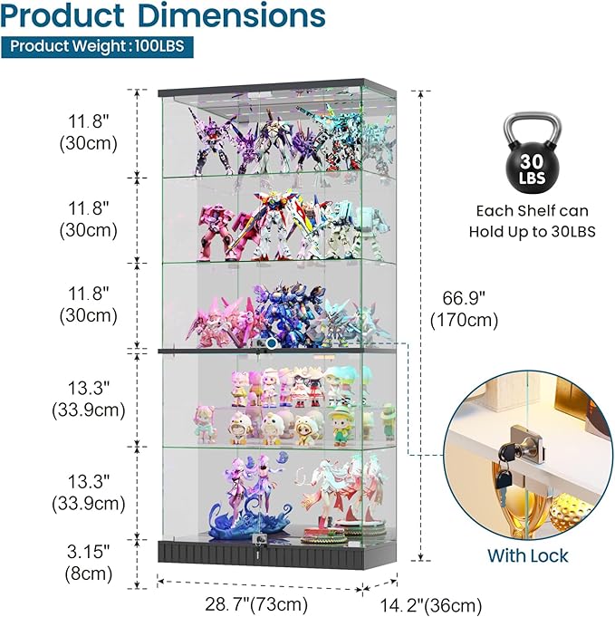 HNEBC 5 Tier Glass Display Cabinet, 66.9" Curio Cabinet