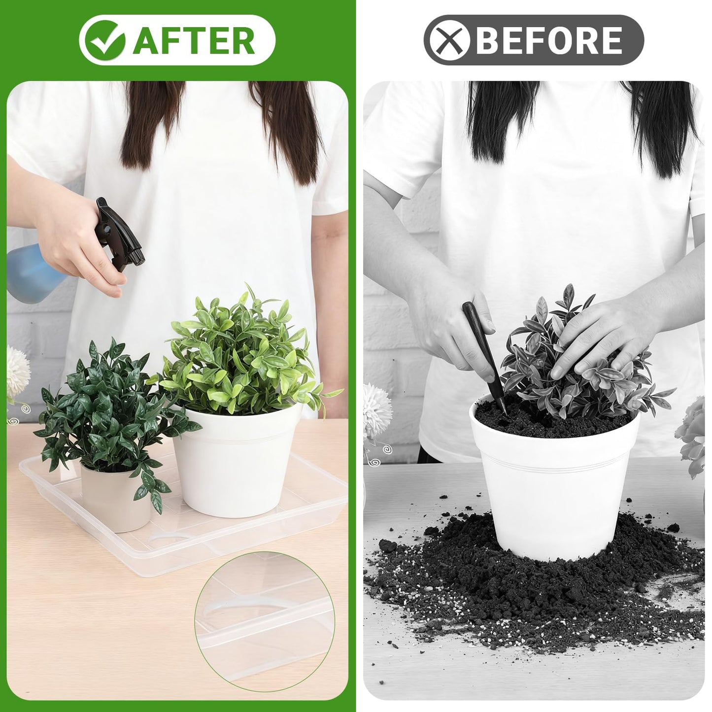 GREANER Plant Water Catcher Tray, Clear 12 Inch Heavy Duty Plastic Square Plant Saucers for Indoors Outdoor, Flower Planter Drip Trays for Pots(2 PCS)