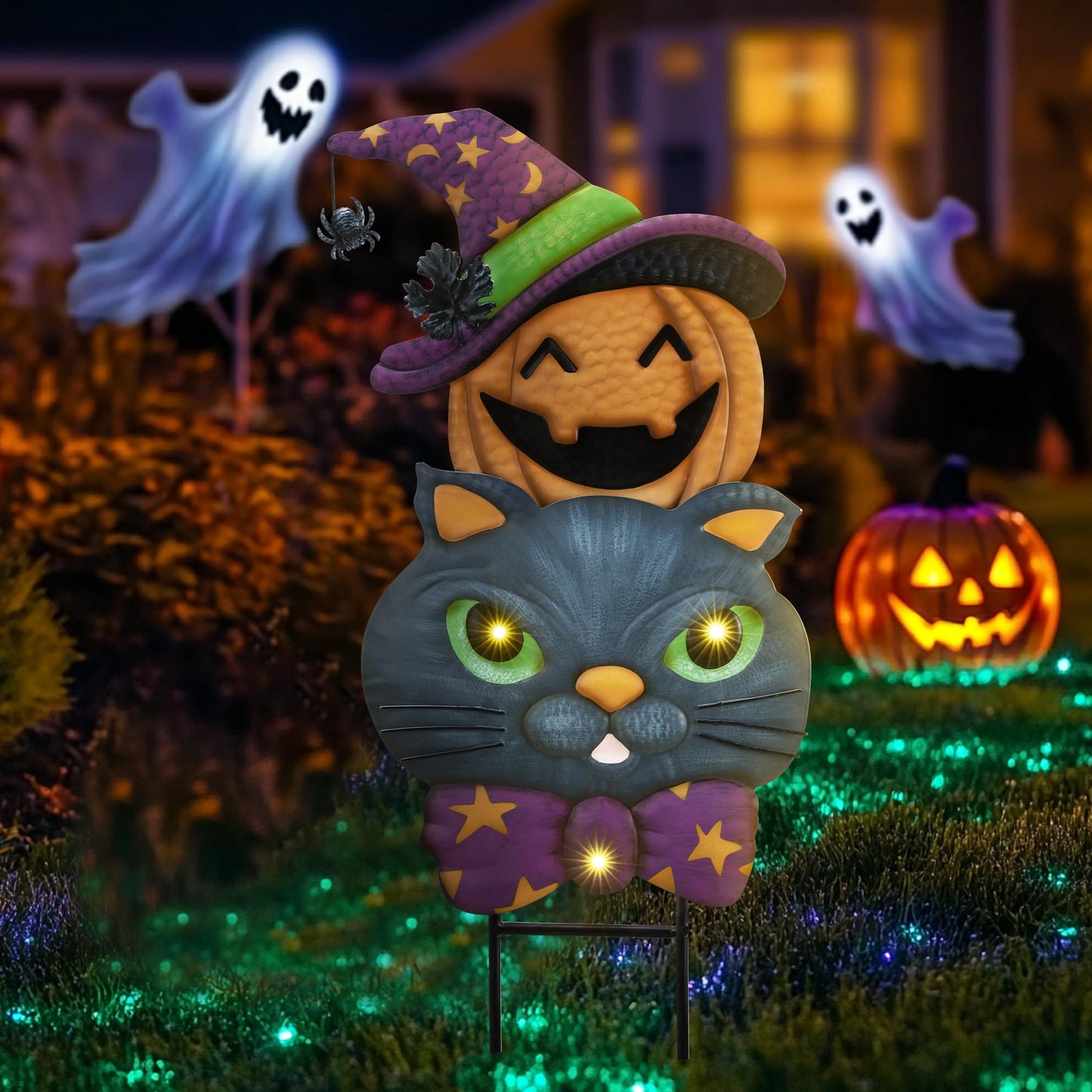 TERESA'S COLLECTIONS Metal Halloween Yard Stakes, Halloween Decorations Outdoor with Cute Black Cat Pumpkin, Jack-o-Lantern Stacked Garden Stakes Lawn Gift for Party Pathway Porch Patio Decor, 25“