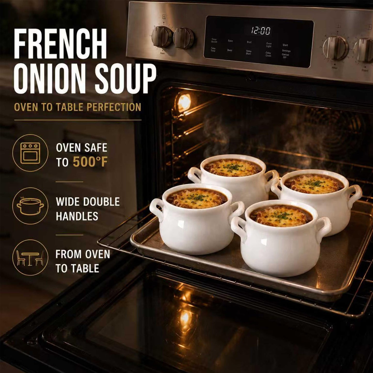 20oz French Onion Soup Bowls with handles Set of 4, 2 Mitts & 4 Spoons Included, Ceramic Oven Safe,Perfect for Soups, Chicken, Vegetable, Beef, Oatmeal, Chili, Corn, Clam, Pumpkin & More (White)
