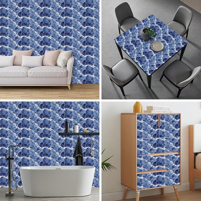 HOMETITUTE Blue Marble Wallpaper Peel and Stick Ocean Wave Pattern 118.1x17.7