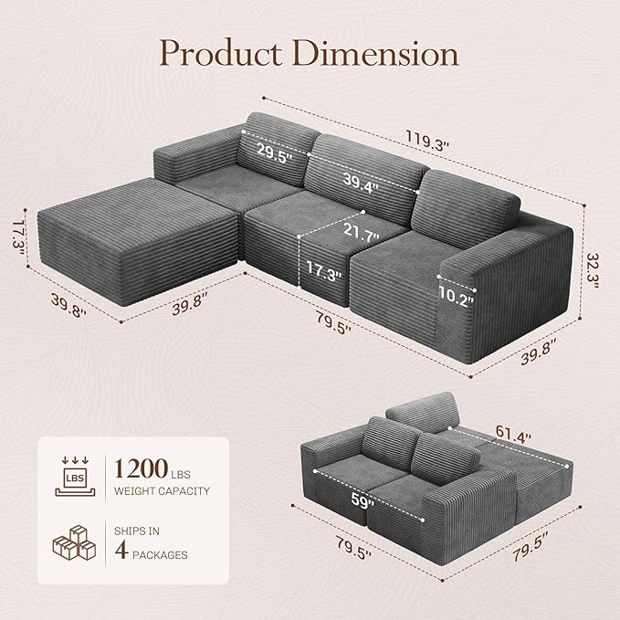 Vesgantti 119" L-Shaped Modular Sectional Sofa, Corduroy Cloud Couch