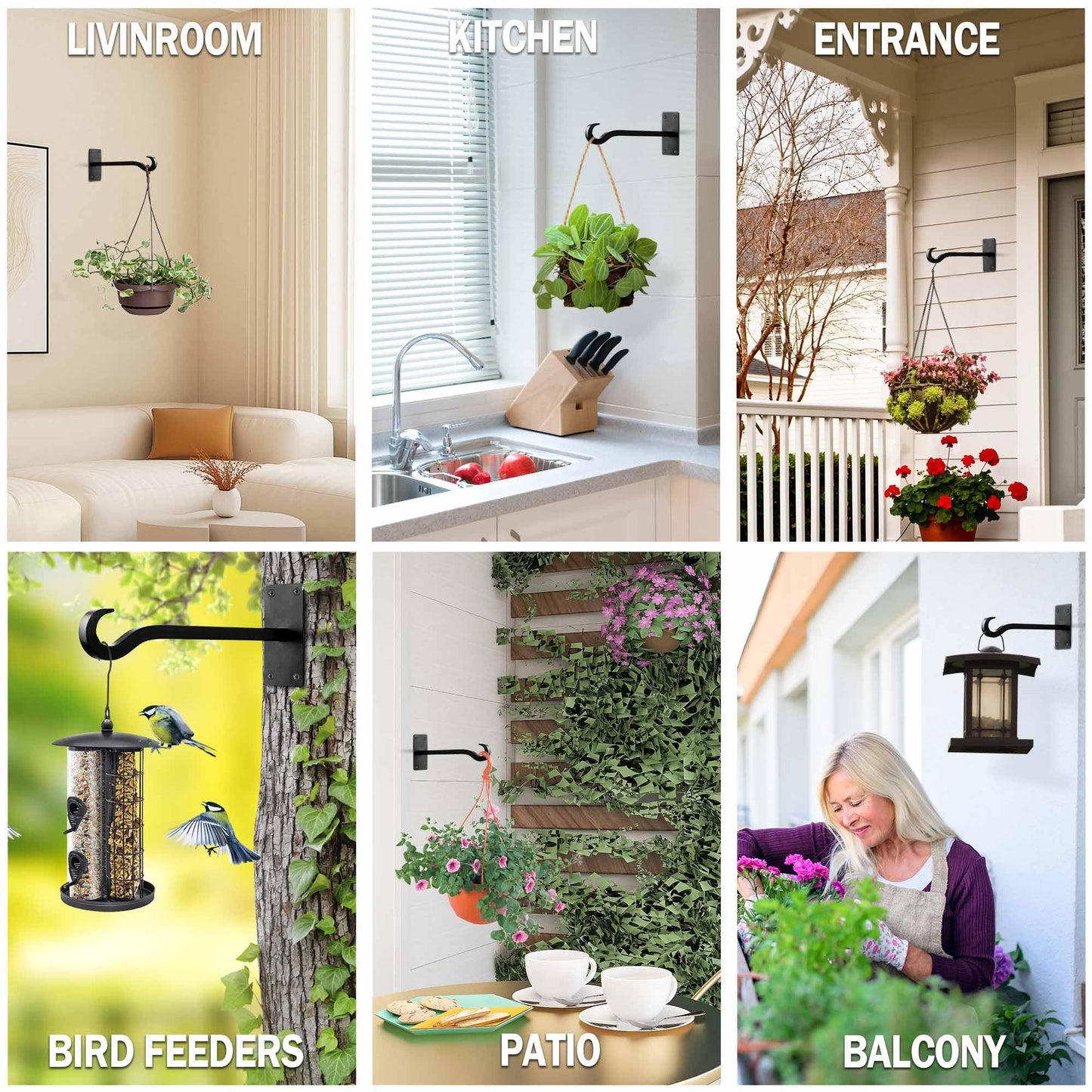 Qiang Ni Bird Feeder Hanger: 8-Inch Wall-Mounted Plant Bracket Outdoor - 2 Pieces Black Plant Hooks for Hanging Flower Baskets