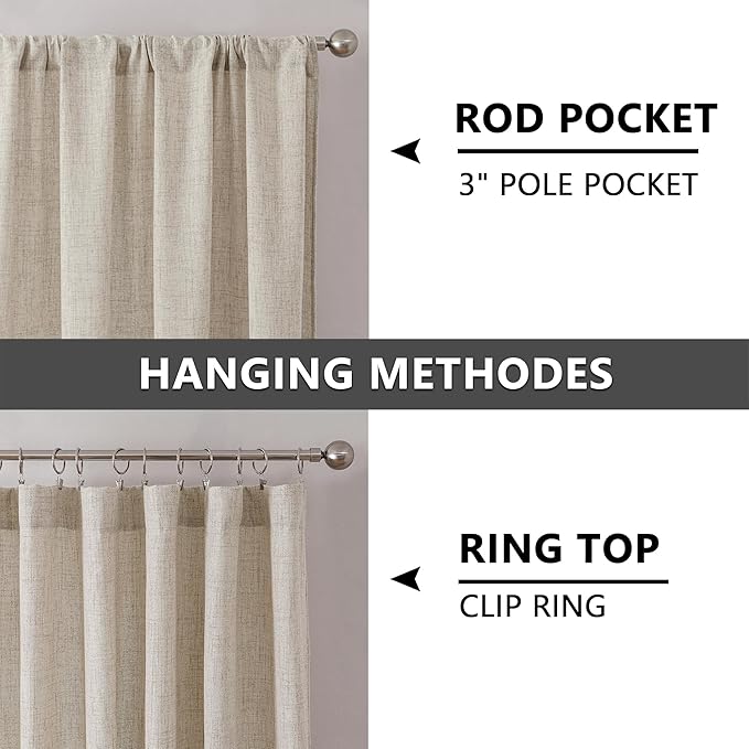 Tollpiz Linen Curtain Bedroom Rod Pocket Semi Sheer Curtains Burlap Light Filtering Thick Linen Drape for Living Room, 38 x 84 inches Long, Natural, Set of 2 Panels
