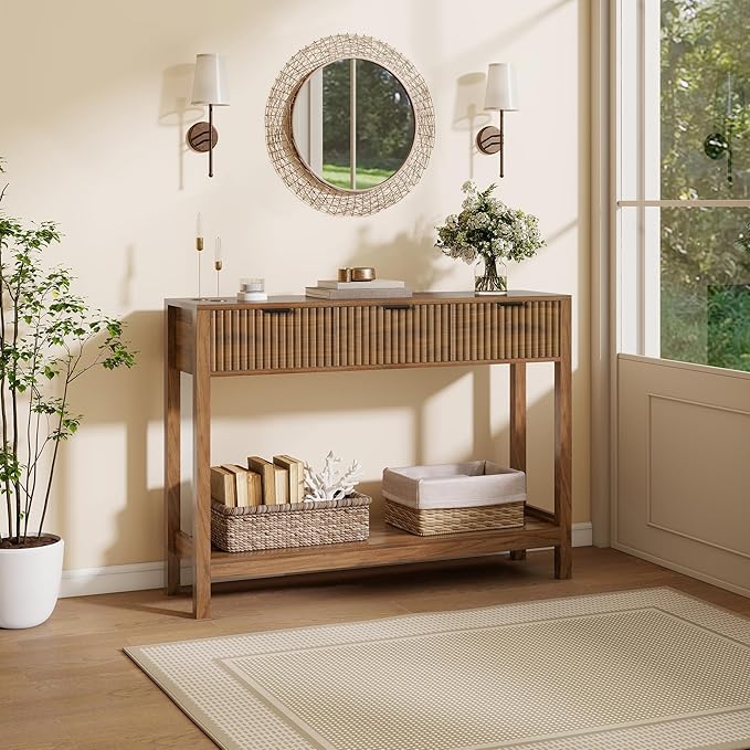 Nasonet Fluted Console Table, Wooden Sofa Table