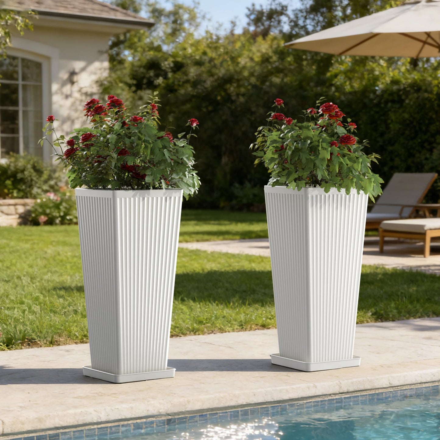 Trygoal White Square Tall Planters for Outdoor Plants Set of 2-23.6" Modern Tapered Indoor Flower Pots with Drainage Holes/Partition/Tray, Large Outdoor Planters for Porch Patio Garden Front Porch