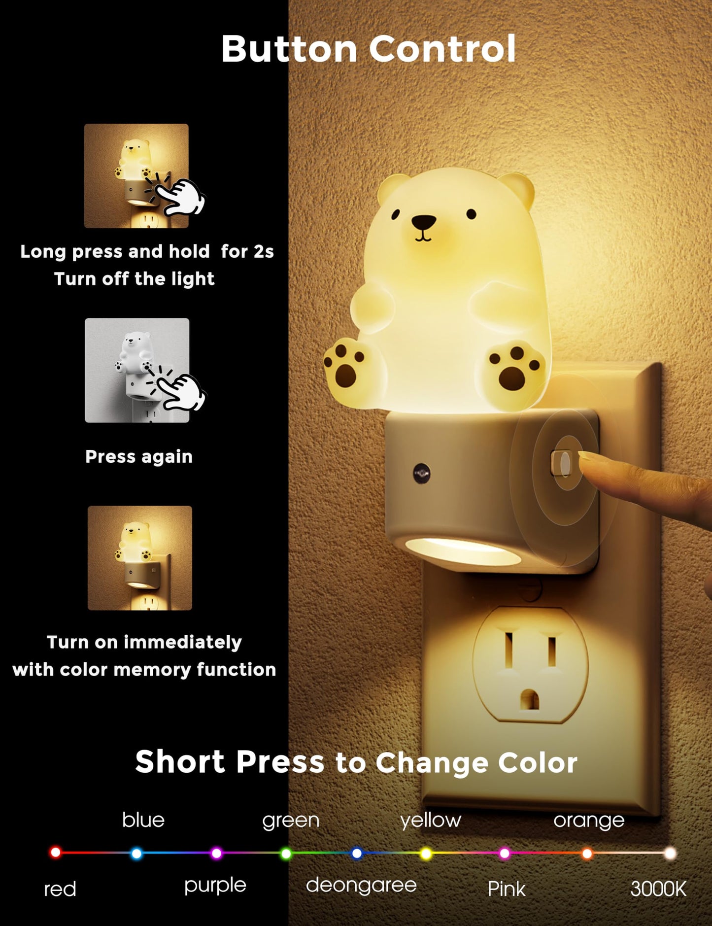 L LOHAS LED Night Light for Kids, 3D Bear Night Light Plug in, Dusk to Dawn Nursery Night Lights, RGB+Soft White 3000K, 3 Lighting Modes, Room Decor, Children