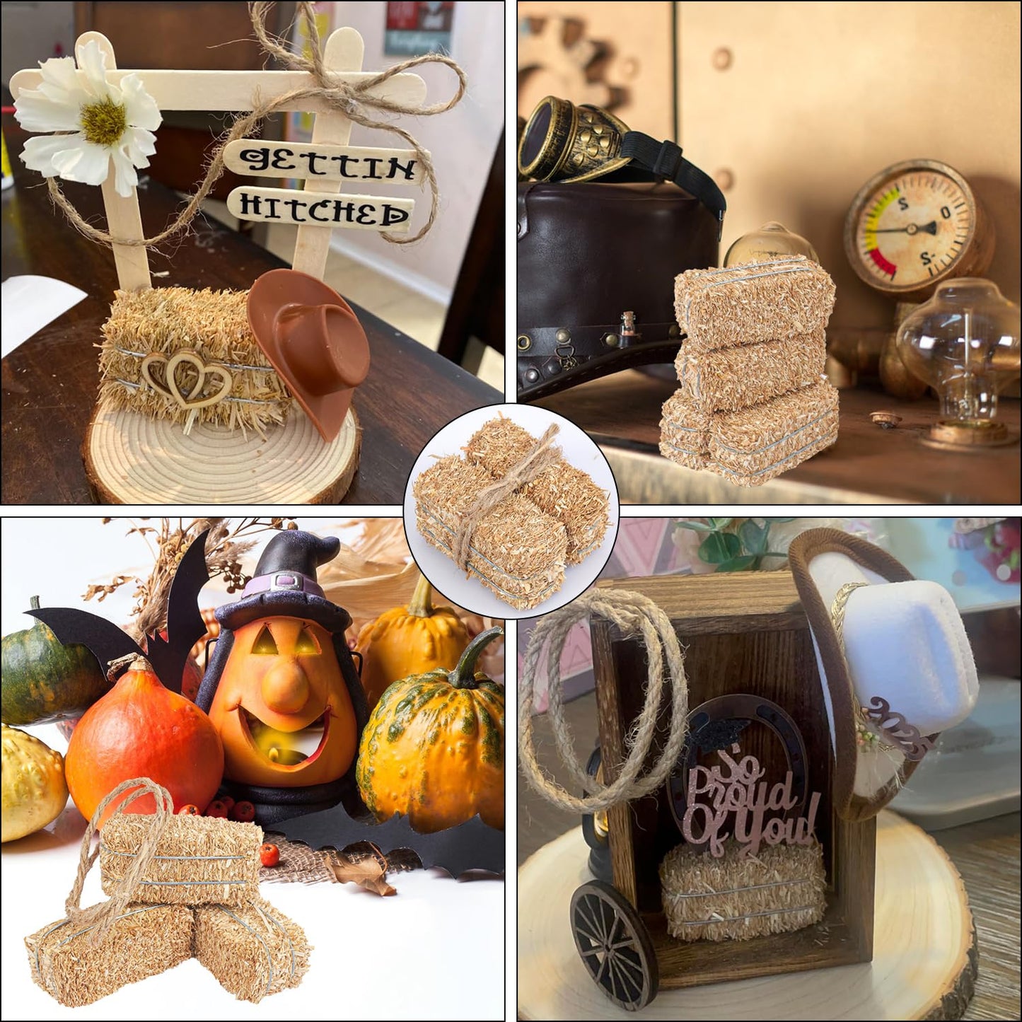 Yiksonyo 12 PCS Mini Decorative Hay Bales & 12 PCS Twisted Hemp Rope, Perfect for Table Centerpieces, Fall & Halloween Crafts, and Rustic Decor