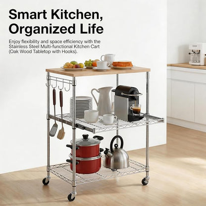 Finnhomy 3-Tier Rolling Kitchen Cart, Microwave Cart with Oak Wood Tabletop and Drawer Slider, Coffee Cart & Food Service Cart with Hooks, Chrome
