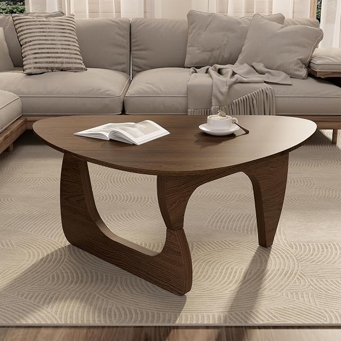Modern Wood Coffee Table, Triangle Center Table with Premium Wooden Top& Unique Base, 42.5” Small Mid Century Tea Tables for Living Room, Apartment, Office,Walnut